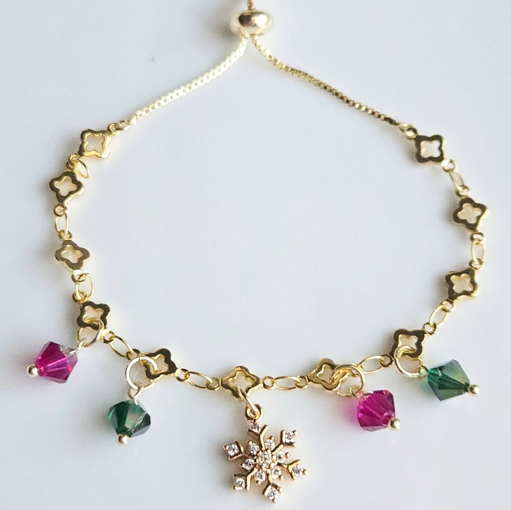 Adjustable Gold Snowflake Bracelet with Pink and Green Crystals